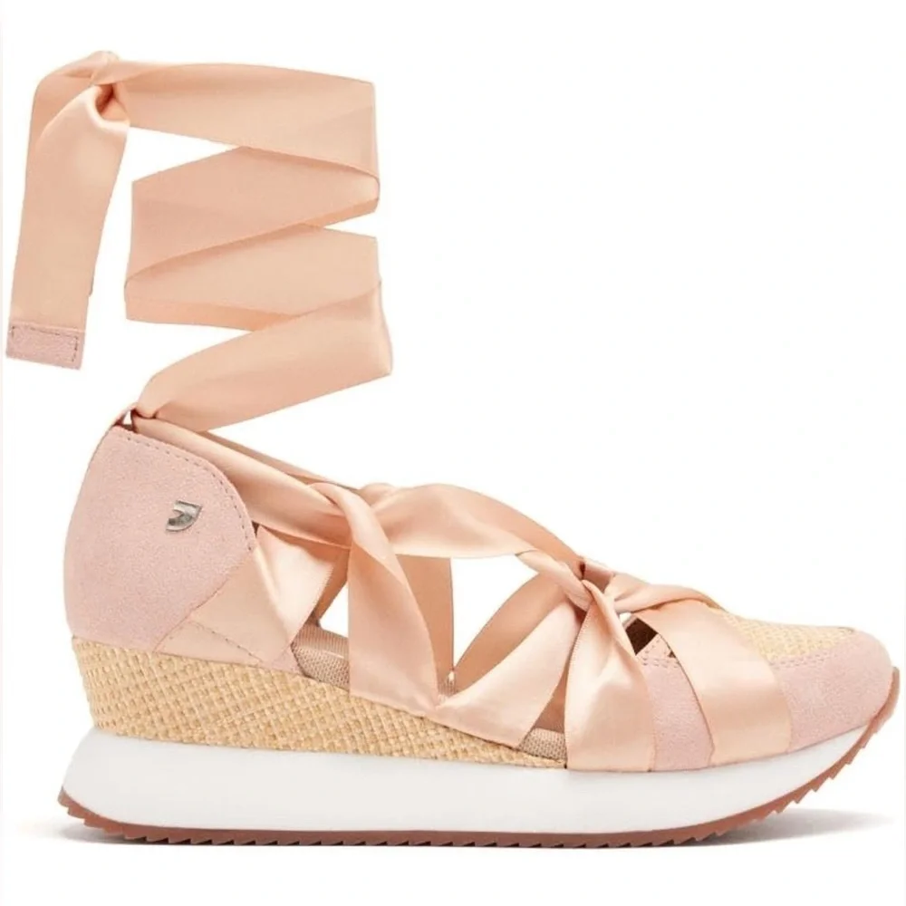 GIOSEPPO Pink Platform Sport Sandals with Raffia Wedge & Ribbon Laces Size 9